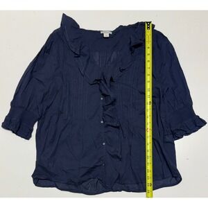 Sundance Navy Blue Cotton Ruffle Pintuck Blouse 3/4 Sleeve Button Front Large